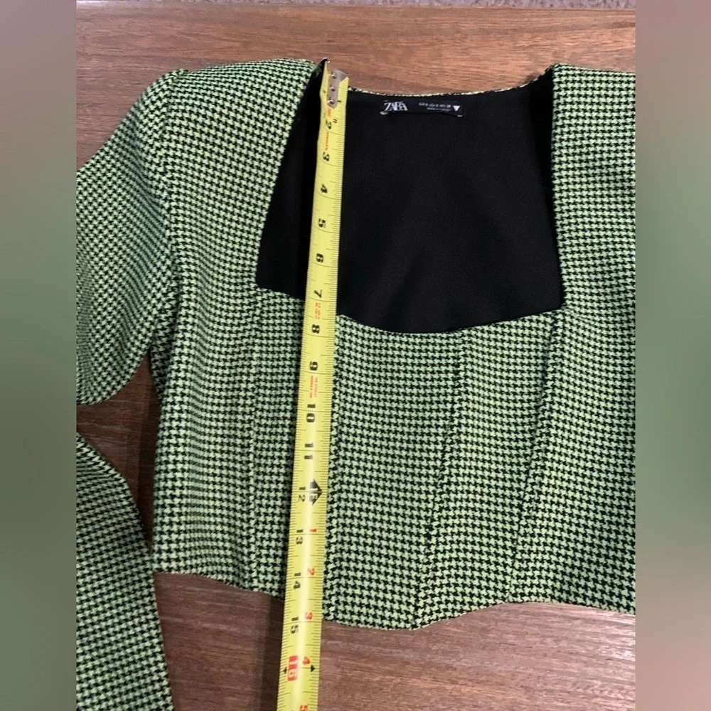 Zara Houndstooth Corset Cropped Top Bloggers Favorite Neon Green Black Small